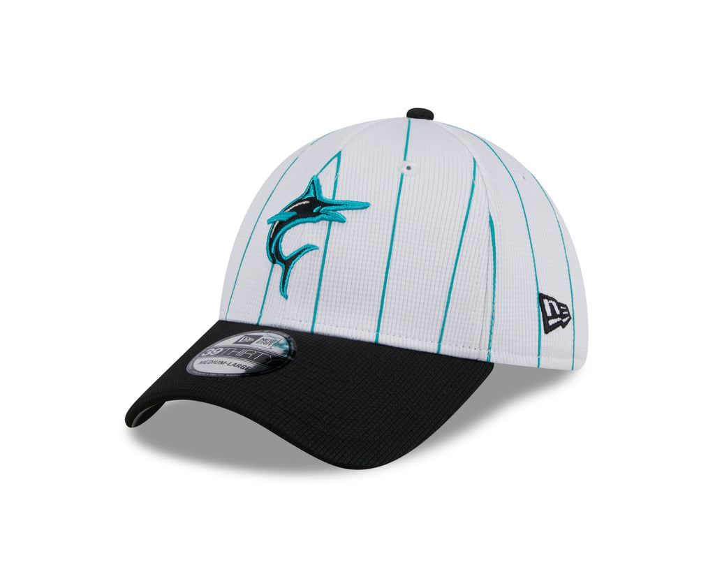 Men's Miami Marlins New Era 2024 Batting Practice White/Black 39THIRTY Flex-Fit Hat