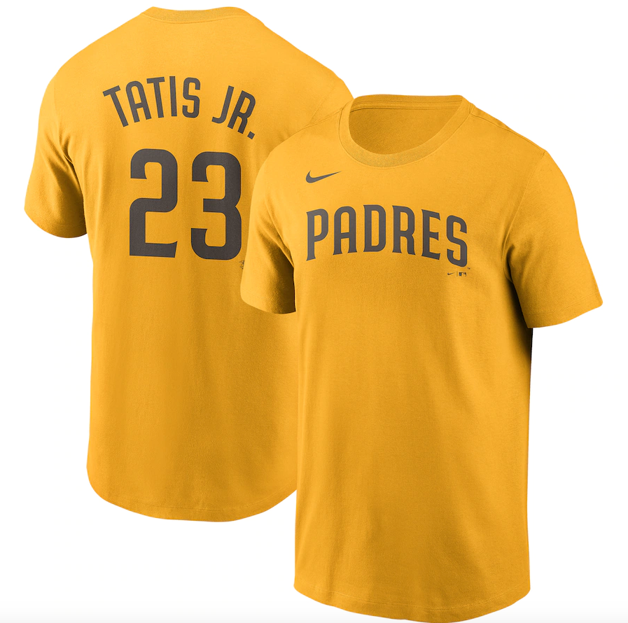 Men's San Diego Padres Fernando Tat¨ªs Jr. Nike Gold Name & Number T-Shirt