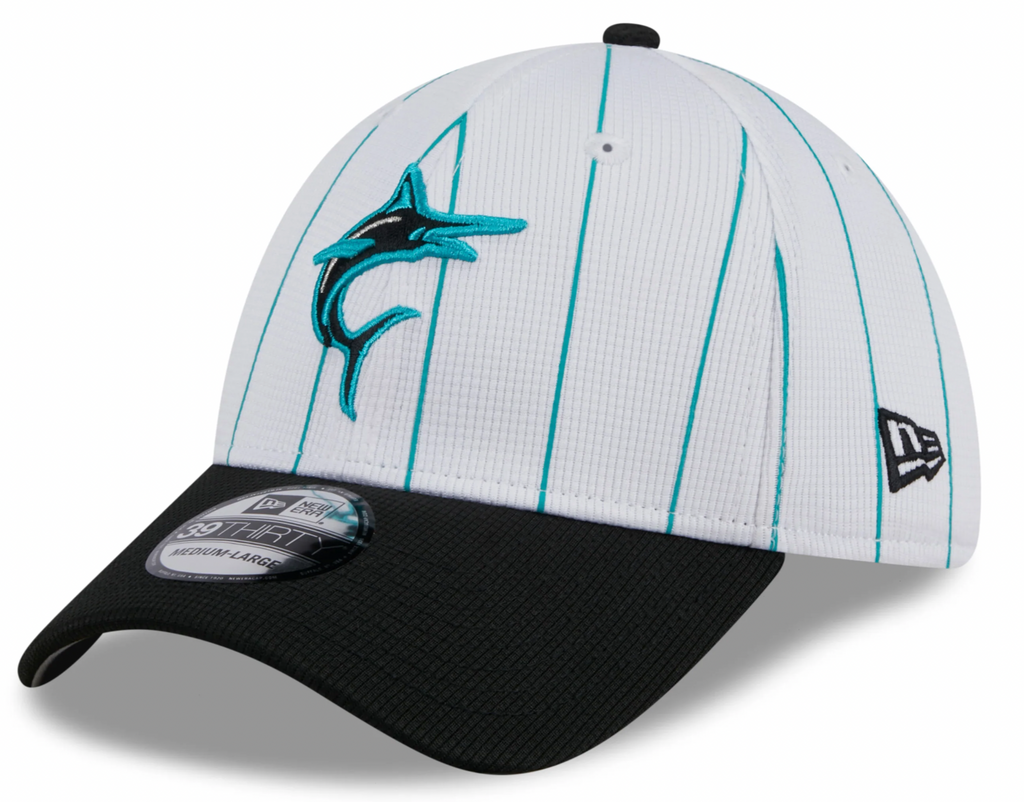Men's Miami Marlins New Era 2024 Batting Practice White/Black 39THIRTY Flex-Fit Hat